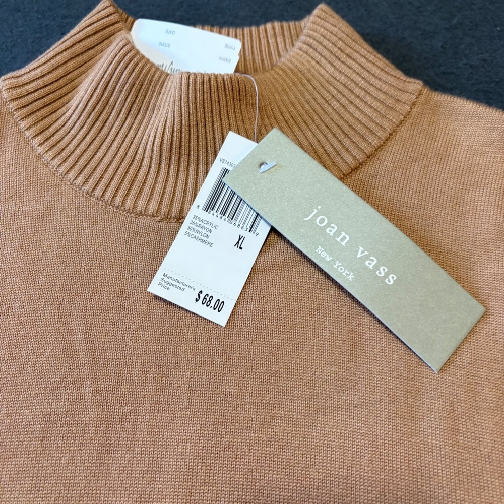 NWT Joan Vass Mock Neck Shell Sweater Womens XL Camel Tan Core Layer Casual - Picture 3 of 8
